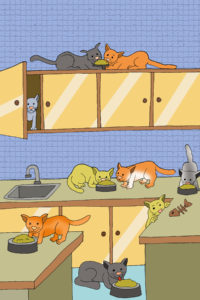 cartoon of a kitchen with lots of cats illustrating a page with funny stories for kids